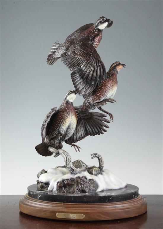 Frank Divita (b.1949) Winter Covey. A cold painted bronze group of partridges taking flight, 21in.